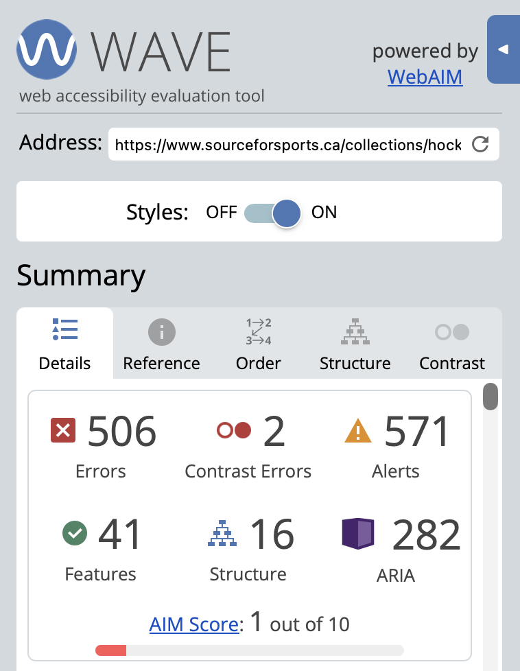 This is a screenshot from https://wave.webaim.org analyzing the accessibility of https://www.sourceforsports.ca/collections/hockey-equipment 