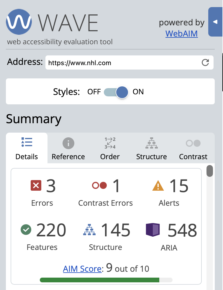 This is a screenshot from https://wave.webaim.org analyzing the accessibility of https://www.nhl.com