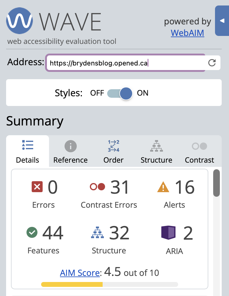This is a screenshot from https://wave.webaim.org analyzing the accessibility of https://brydensblog.opened.ca 